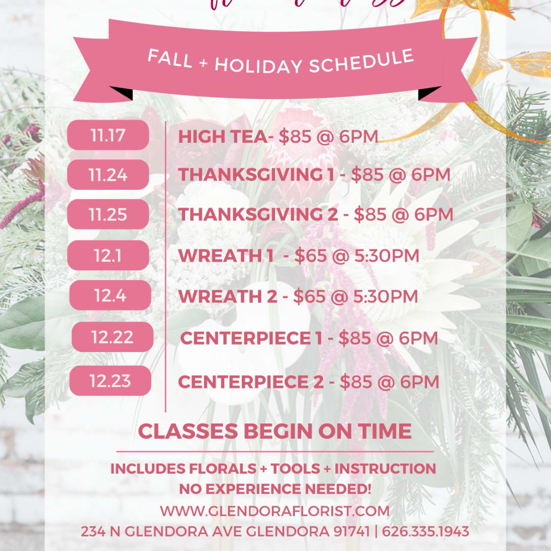 Pink floral class schedule poster with dates and wreath and centerpiece listings