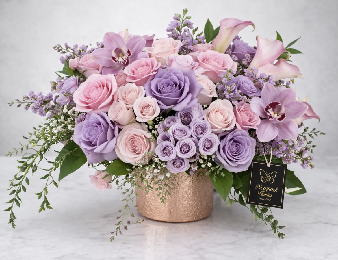 Blushing Beauty - A soft cascade of pink and lavender roses accented with delicate orchids creates an instantly romantic flower arrangement perfect for an anniversary bouquet or a refined wedding gift. Blushing Beauty brings together pastel pinks, purples, and touches of white in a lush, rounded composition designed to make the recipient feel cherished and seen-an elegant way to say "I love you" or "congratulations" without words.  This arrangement pairs densely gathered roses with several orchid blooms and airy purple filler flowers for texture and movement, spilling slightly outward from a textured copper-toned metal vase that adds warm contrast and modern polish. The metal vase includes our brand tag and gives the design lasting display value; colors read soft and pastel for an overall sophisticated, celebratory look.  Ideal for anniversaries, weddings, or any moment when you want to make someone feel truly special, Blushing Beauty arrives ready to display-no extra arranging required. To keep blooms fresh, place in a cool location away from direct sun and replenish the water every couple of days; the sturdy metal vase keeps stems supported for a long-lasting presentation.