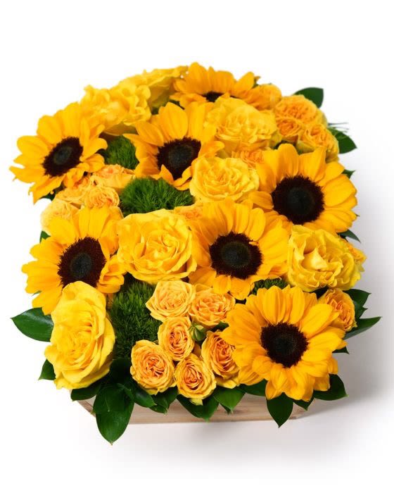 Low rectangular arrangement of bright yellow sunflowers and roses in a wooden container