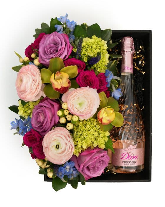 Flora Box Pastel Diva Prosecco Rose - A pastel floral arrangement in a wood box paired with Diva Prosecco Rose', a thoughtful gift to enjoy and share. 
