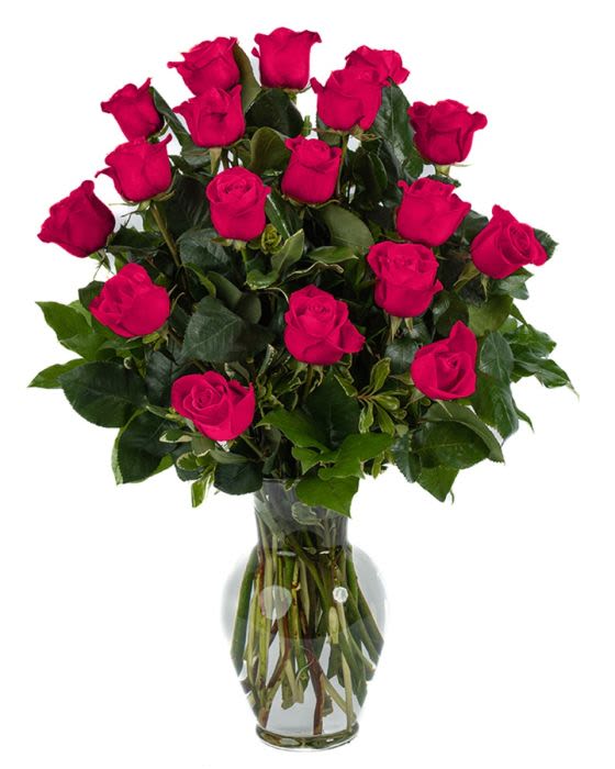 18 Hot Pink Roses - Our classic 18 hot pink roses are designed with long-stem 70 cm roses, rich greens in a 11" clear glass urn. 