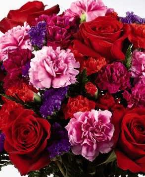Bouquet of red roses and pink carnations with purple filler flowers