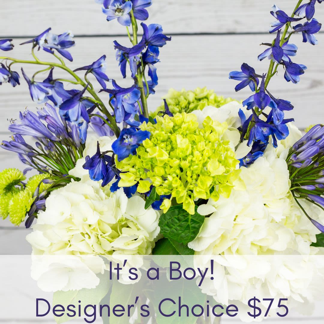 Blue and white floral arrangement with lime-green blooms and an "It's a Boy!" sign