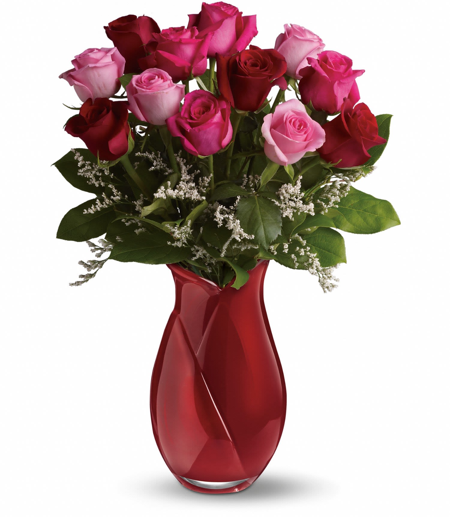 Teleflora's Say I Love You Bouquet - Dozen Roses - Wow your Valentine with a dozen roses in a magnificent hand-blown art-glass vase etched with an exquisite "rosebud" design. The rest is up to you. Happy Valentine's Day - and night!