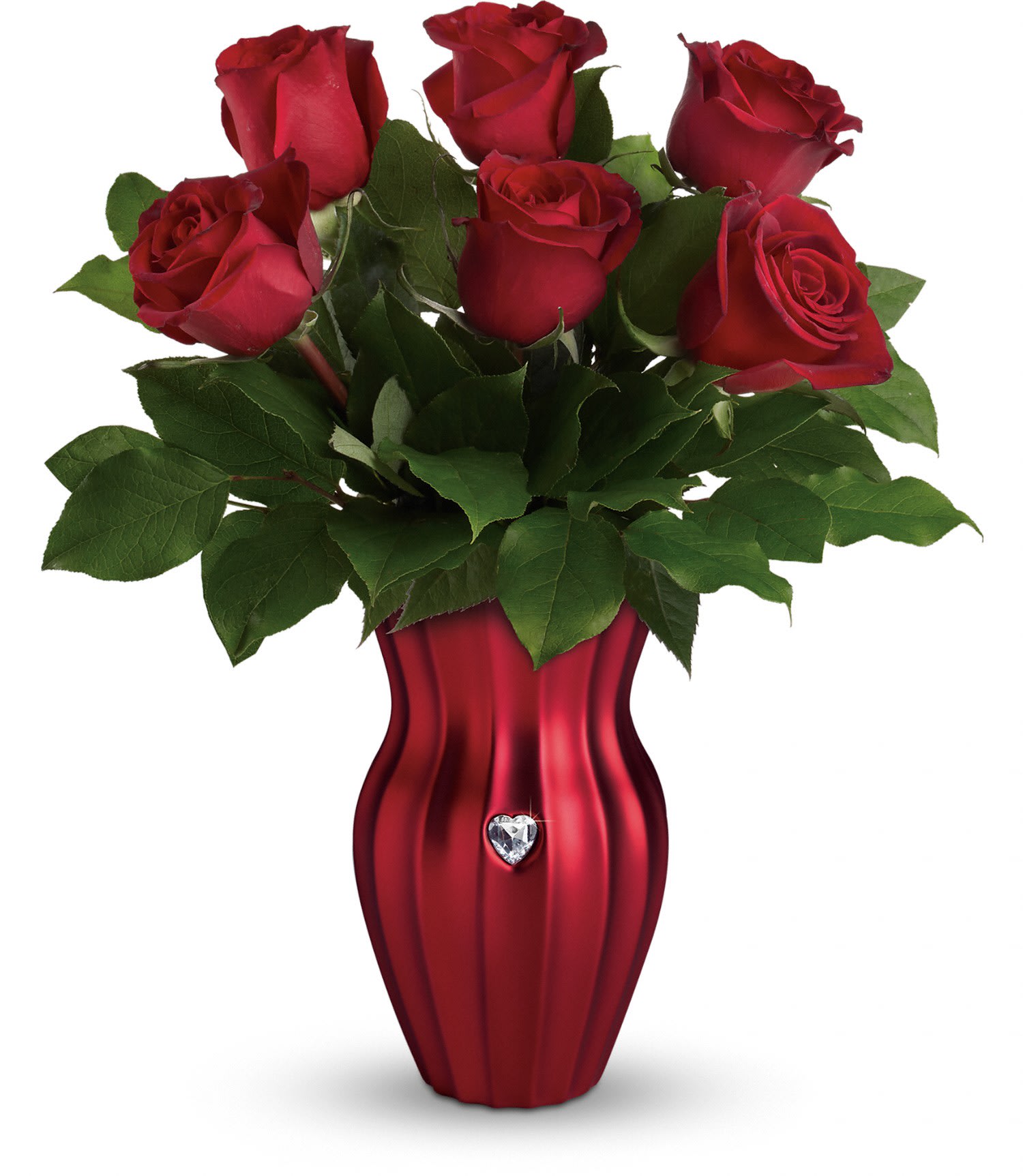 Teleflora's Heart of a Rose Bouquet - This classic bouquet includes red roses and lemon leaf. Delivered in a Shining Heart vase. Approximately 14" W x 17" H