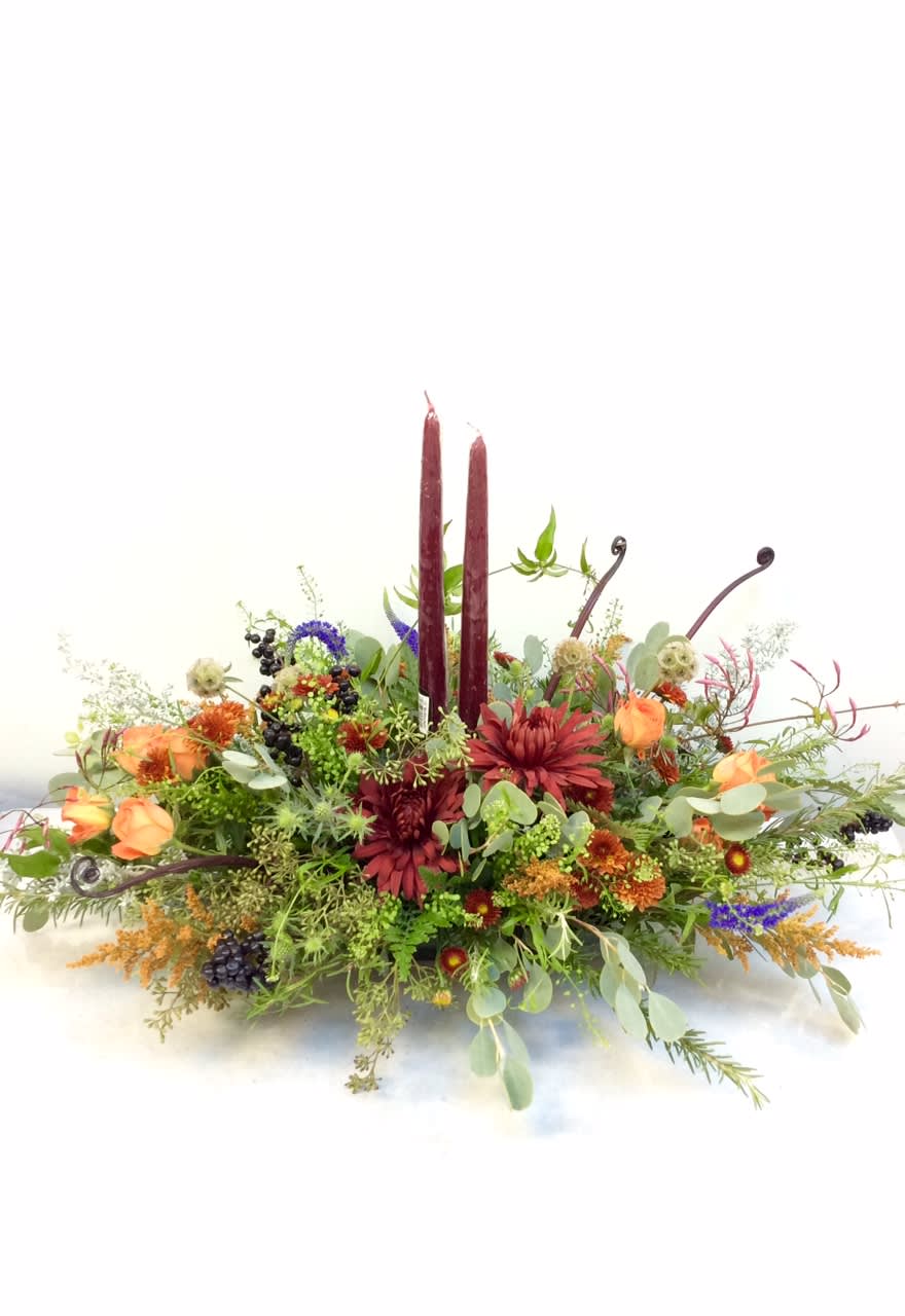 Light It Up - This gorgeous holiday autumnal centerpiece will be the talk of your Thanksgiving dinner.  Send seasonal favorites and fall textures to your hostess with the mostess.... Sizes can vary according to table size. 