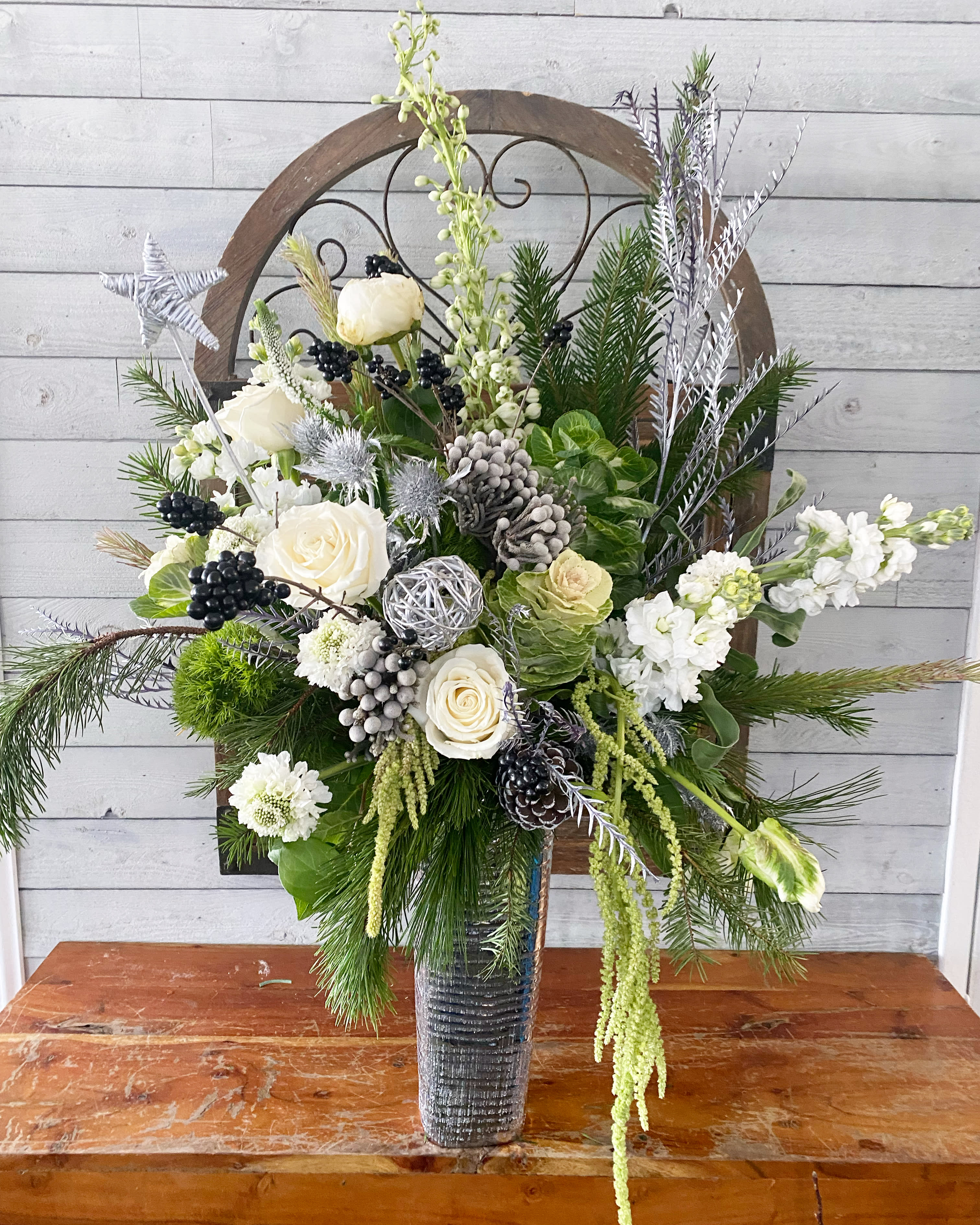 Wonderous Time! - Very elegant Silver and White arrangement. Ceramic silver vase. 