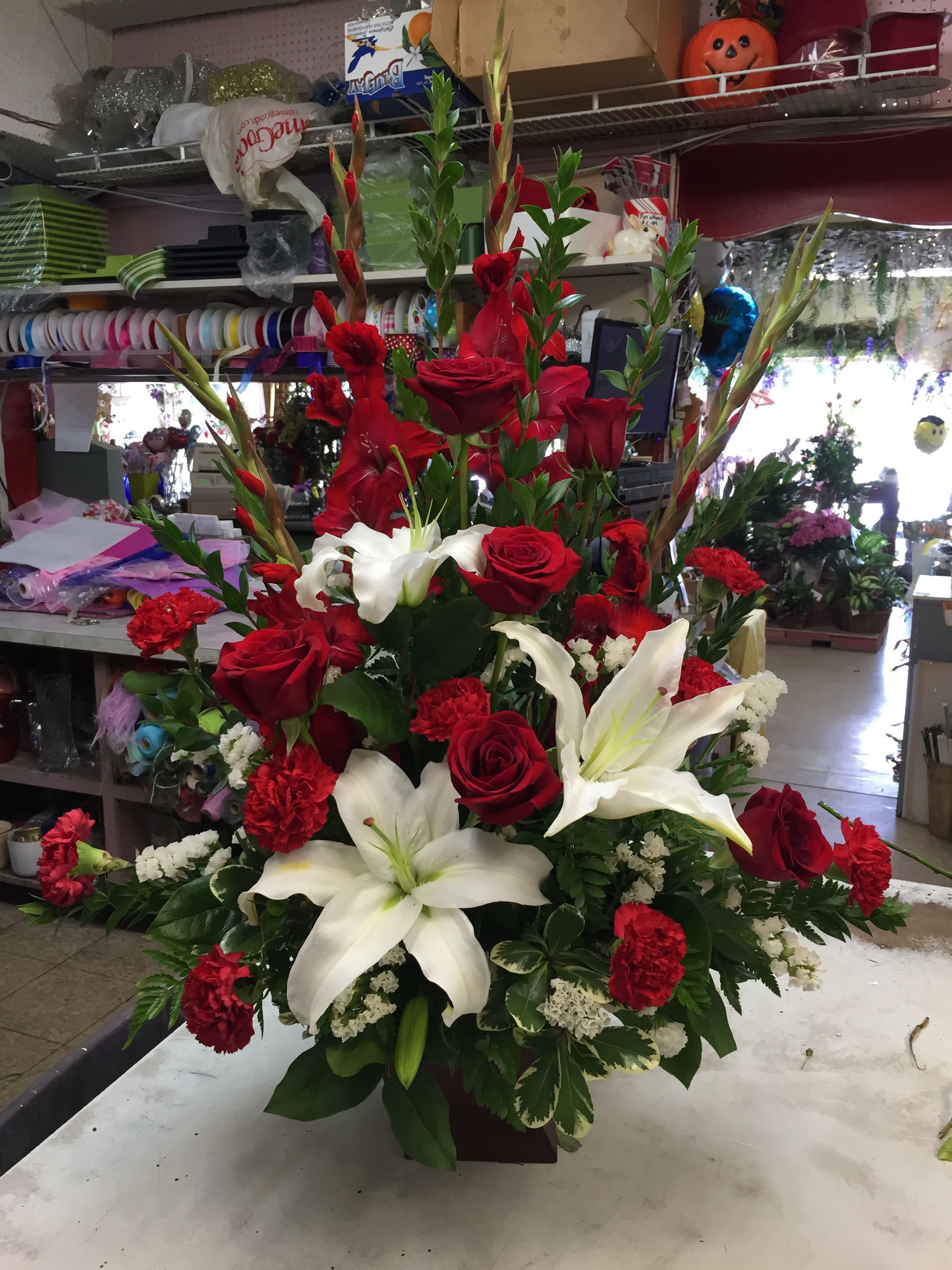 Cherished Moments - Red and white mixed florals in white container.  (Any color options can be done, just specify Which colors in notes)