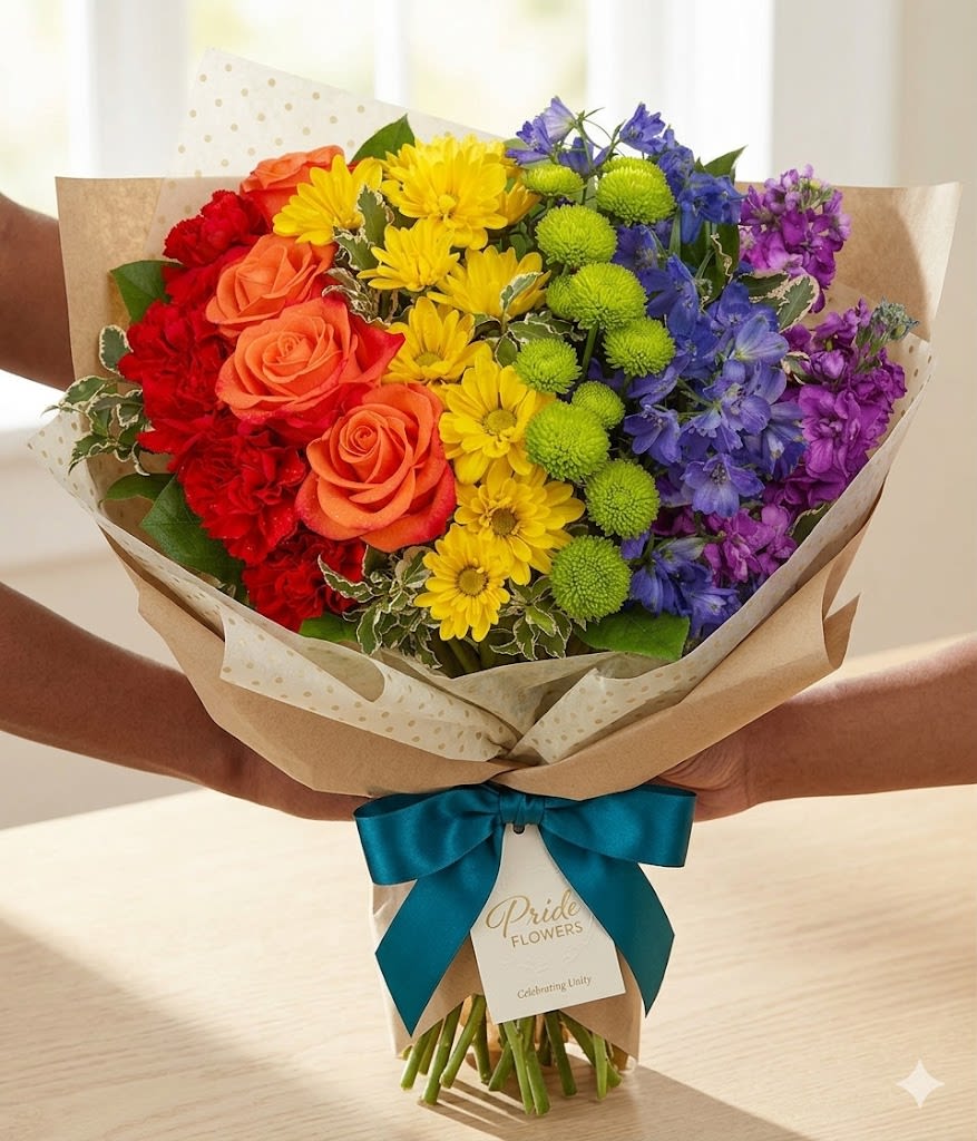 Blooming With Pride Wrapped  - Vivid rainbow color makes a confident first impression - this mixed-color flower arrangement is a festive choice for Pride, graduations, or any celebration where you want the person you're thinking of to feel seen and celebrated. The wrapped presentation and hand-tied look make this flower arrangement an ideal birthday bouquet or "just because" gift that reads joyful and inclusive.  This bouquet features red and orange roses shifting into bright yellow daisy-like blooms through the center, with blue-to-purple flowers on the opposite side and small green pompon chrysanthemums adding lively texture and contrast. It's wrapped in kraft paper with polka-dot tissue inside, tied with a teal satin ribbon and finished with a branded hanging tag for a polished, gift-ready look.  Perfect for friends, family, or coworkers who love bold color, this arrangement arrives ready to display in any home or office vase - no additional wrapping required unless you prefer to rewrap. To keep blooms looking their best, place in fresh water and trim stems slightly every few days.