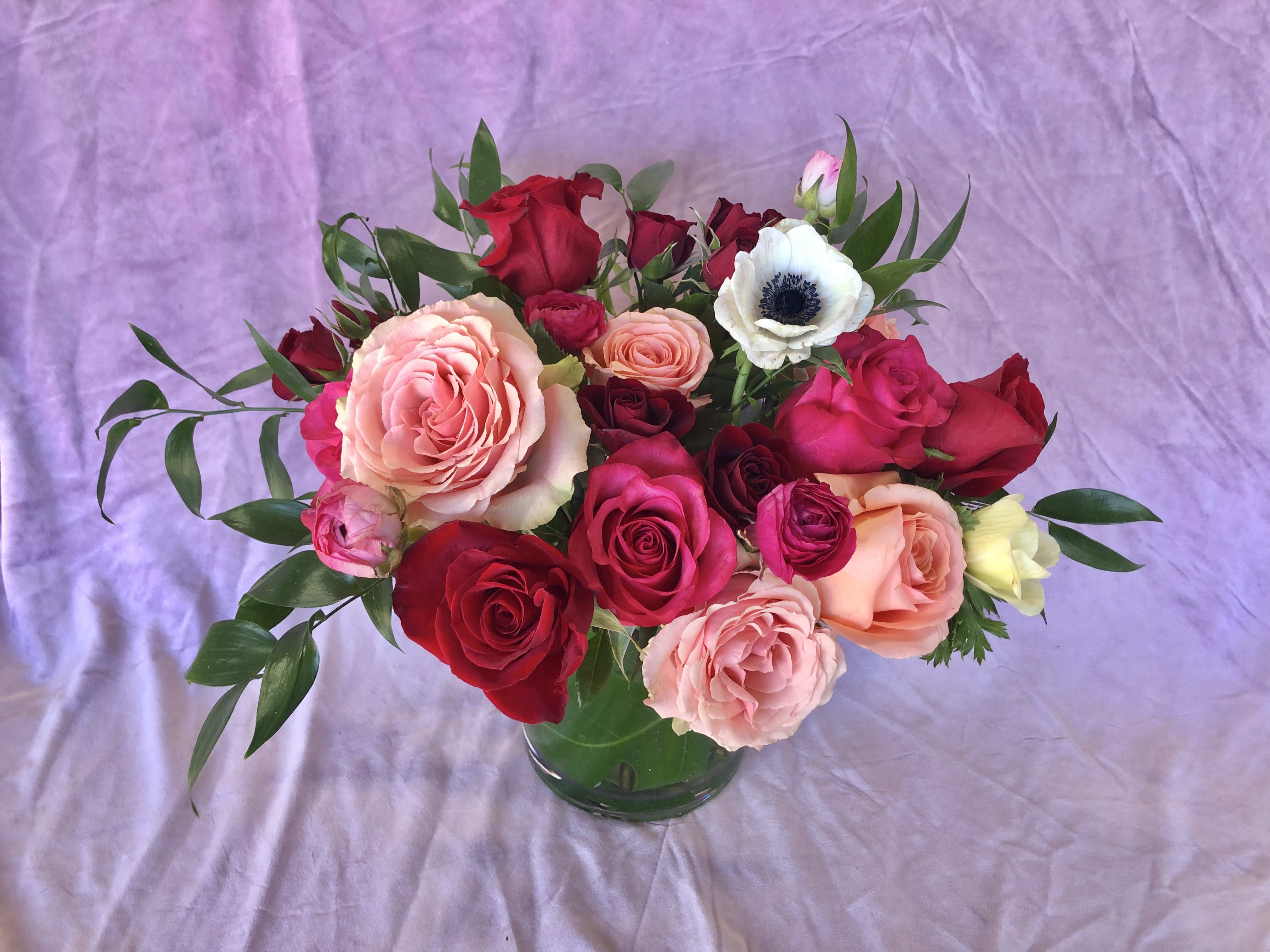 Mixed pink and red roses in a glass vase with greenery