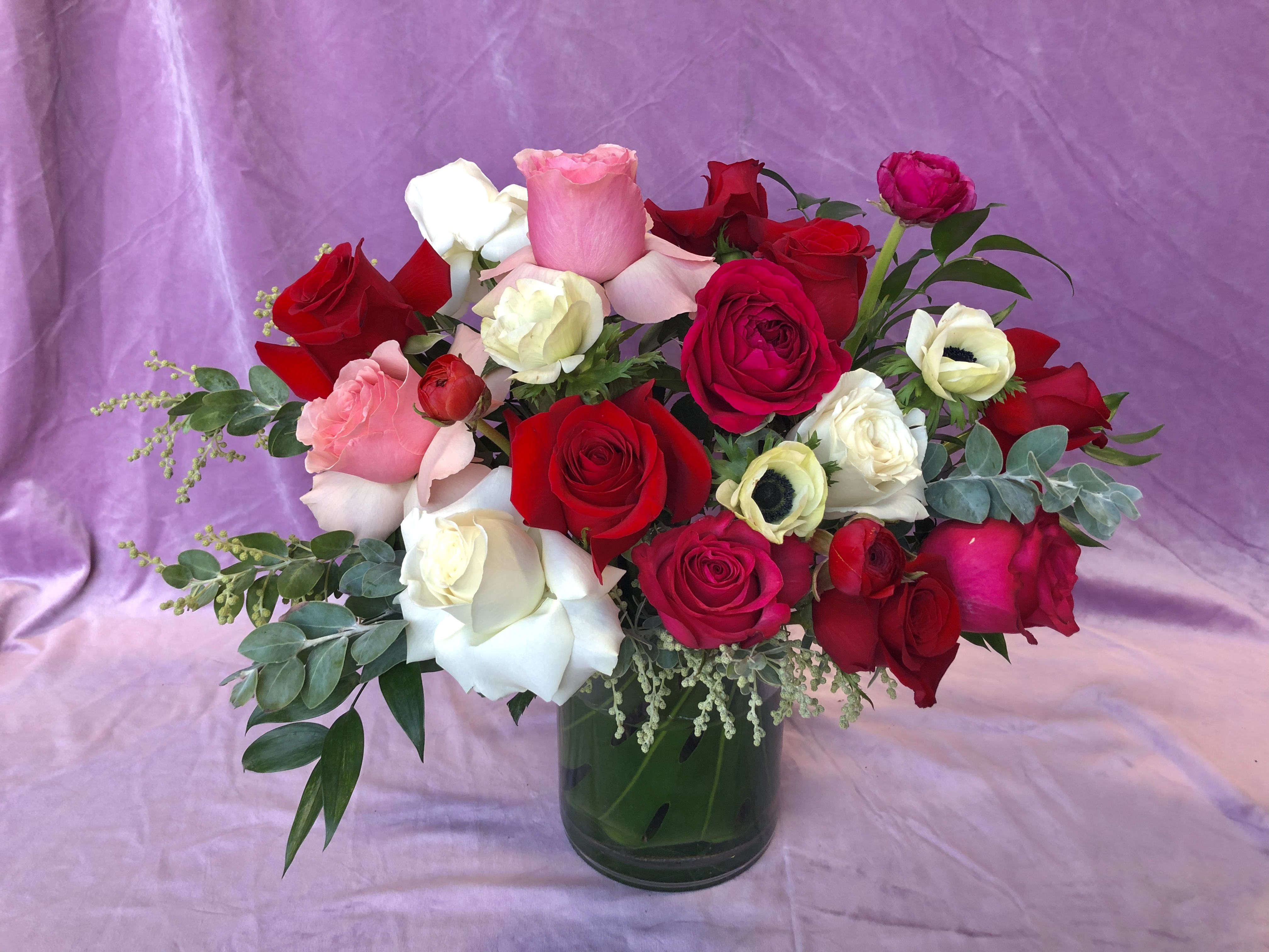 Mixed roses in red, pink, and white arranged in a glass vase