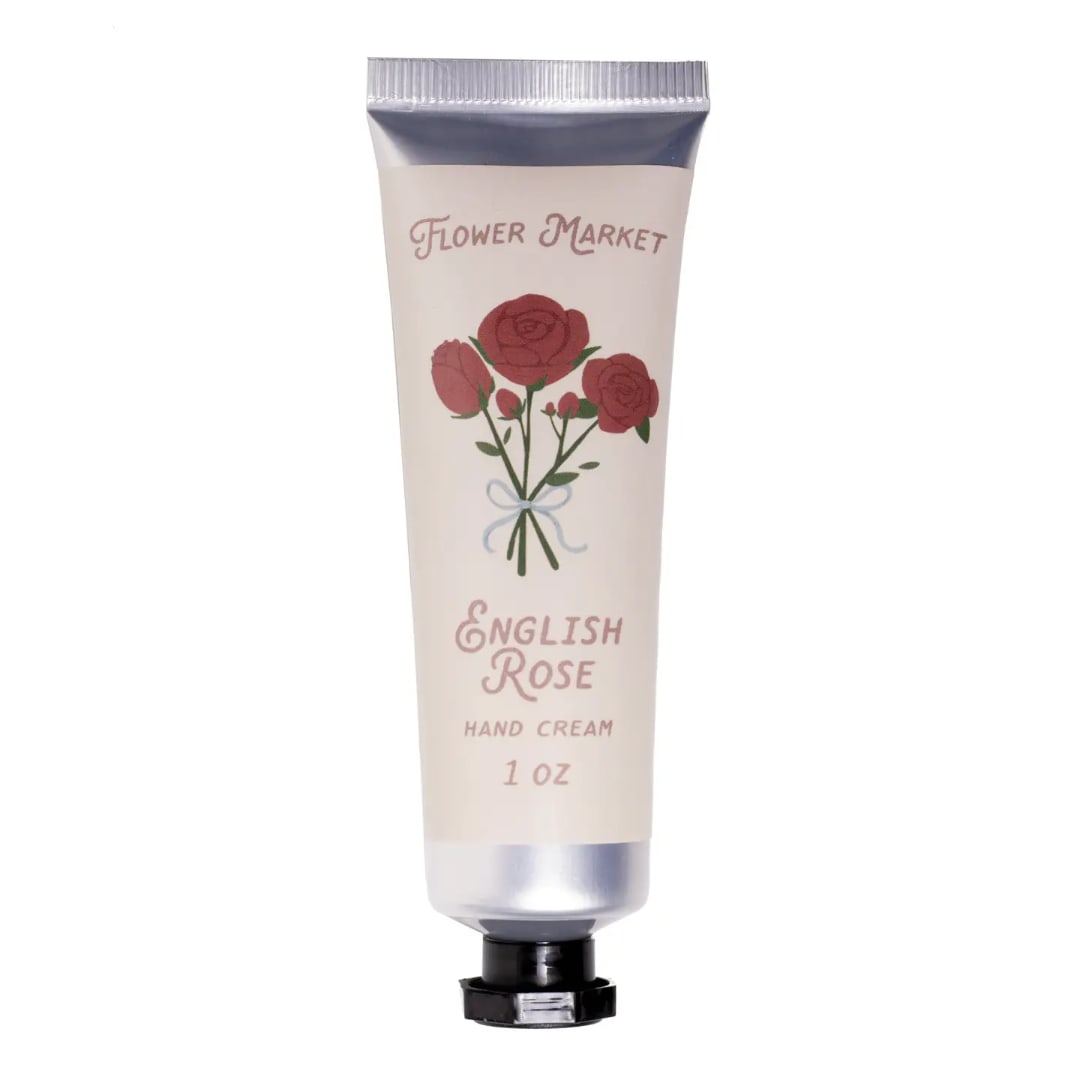 Tube of English Rose hand cream with a rose bouquet illustration