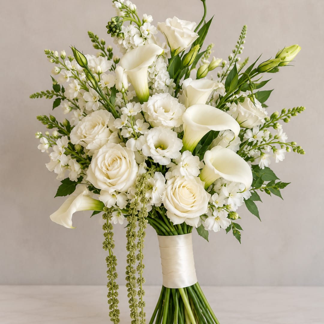 White bouquet with roses, calla lilies, and small filler flowers