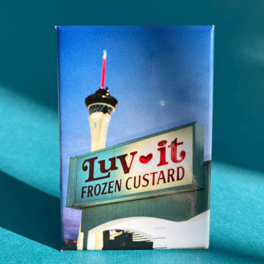 Box with a photo of the Luv-It Frozen Custard sign and tower
