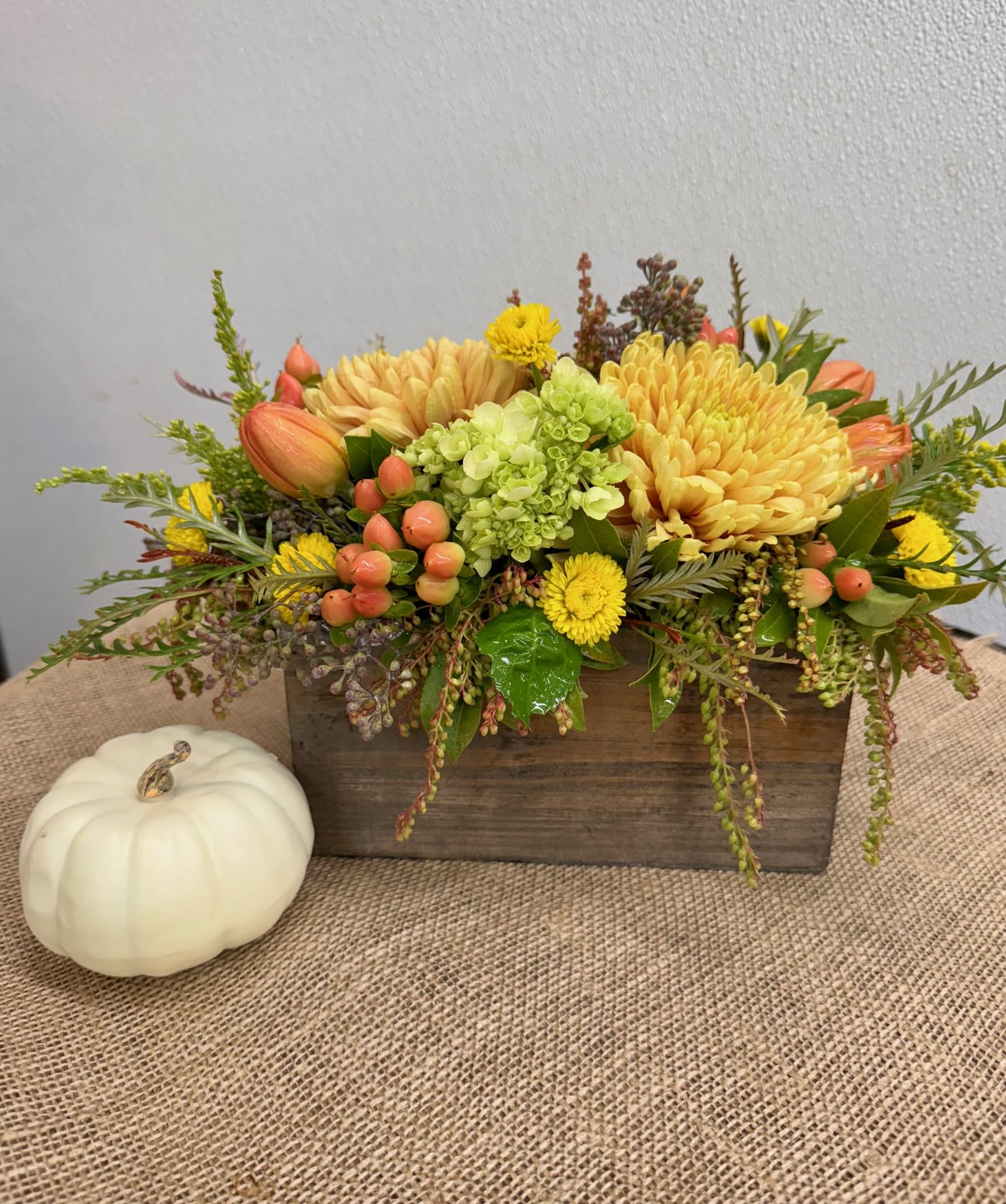 Soft Autumn - Wooden box with fresh seasonal flowers.