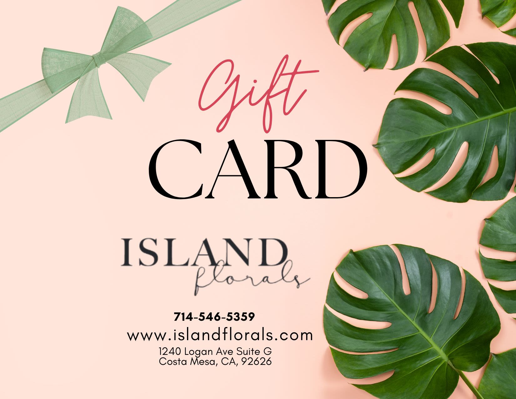 Gift card graphic with green leaves and a ribbon on a pink background