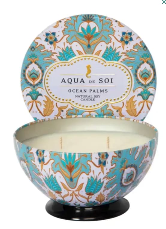 Decorative soy candle in a patterned round tin with lid