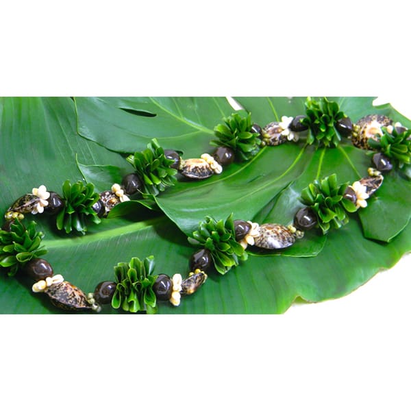 Green leaf lei with shells and dark beads