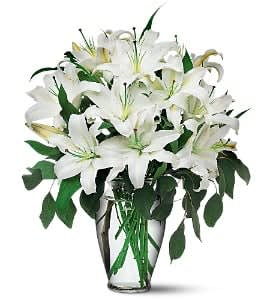 White lilies arranged in a clear glass vase