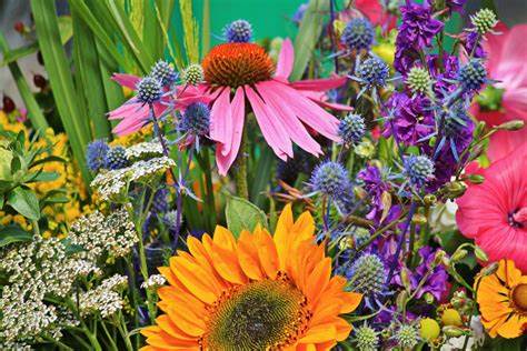 Bright mixed bouquet with pink and orange coneflowers and purple blooms