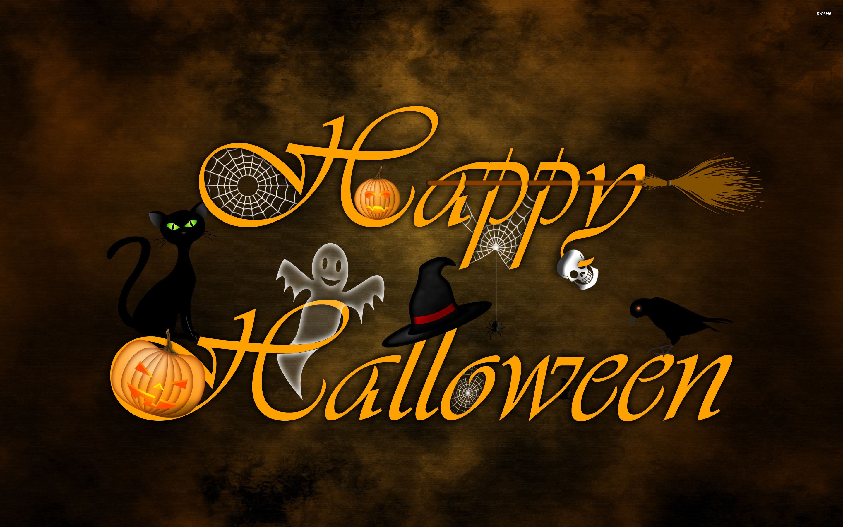 Halloween greeting graphic with pumpkins, ghosts, a cat, and a crow