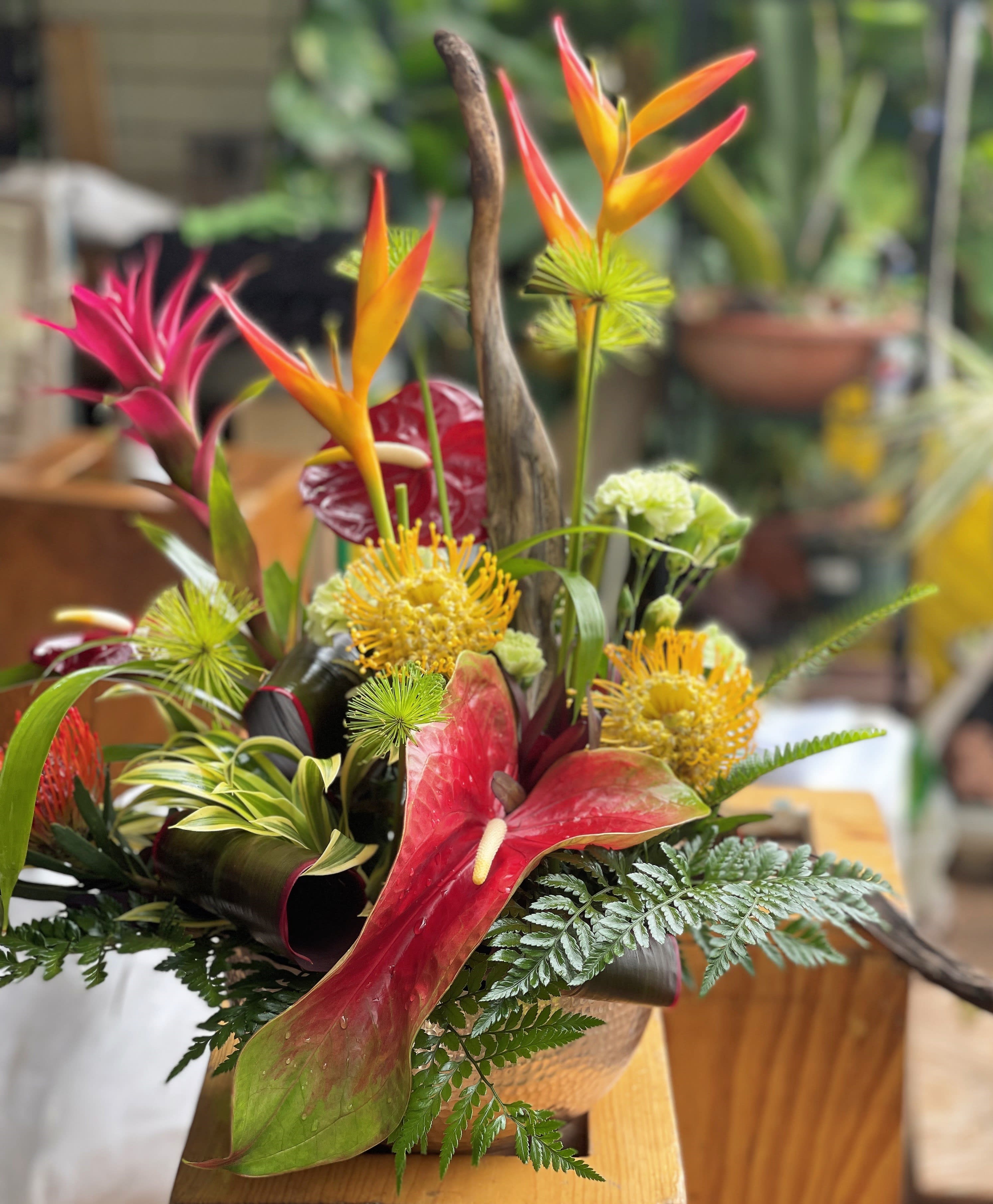 Tropical arrangement with orange heliconia and red anthurium in a low container