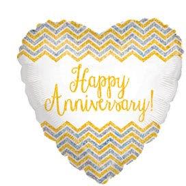 Heart-shaped anniversary balloon with gold lettering and chevron pattern