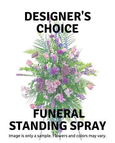 Standing funeral spray with pink and purple flowers