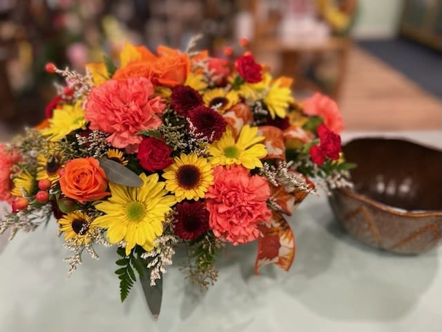 Bountiful Blessings (BB) - Two fall favorites in one gorgeous gift! This glorious autumn bouquet arranged in a hand-glazed stoneware serving bowl, brings artisanal beauty to any fall celebration. A gift they will use year after year.  