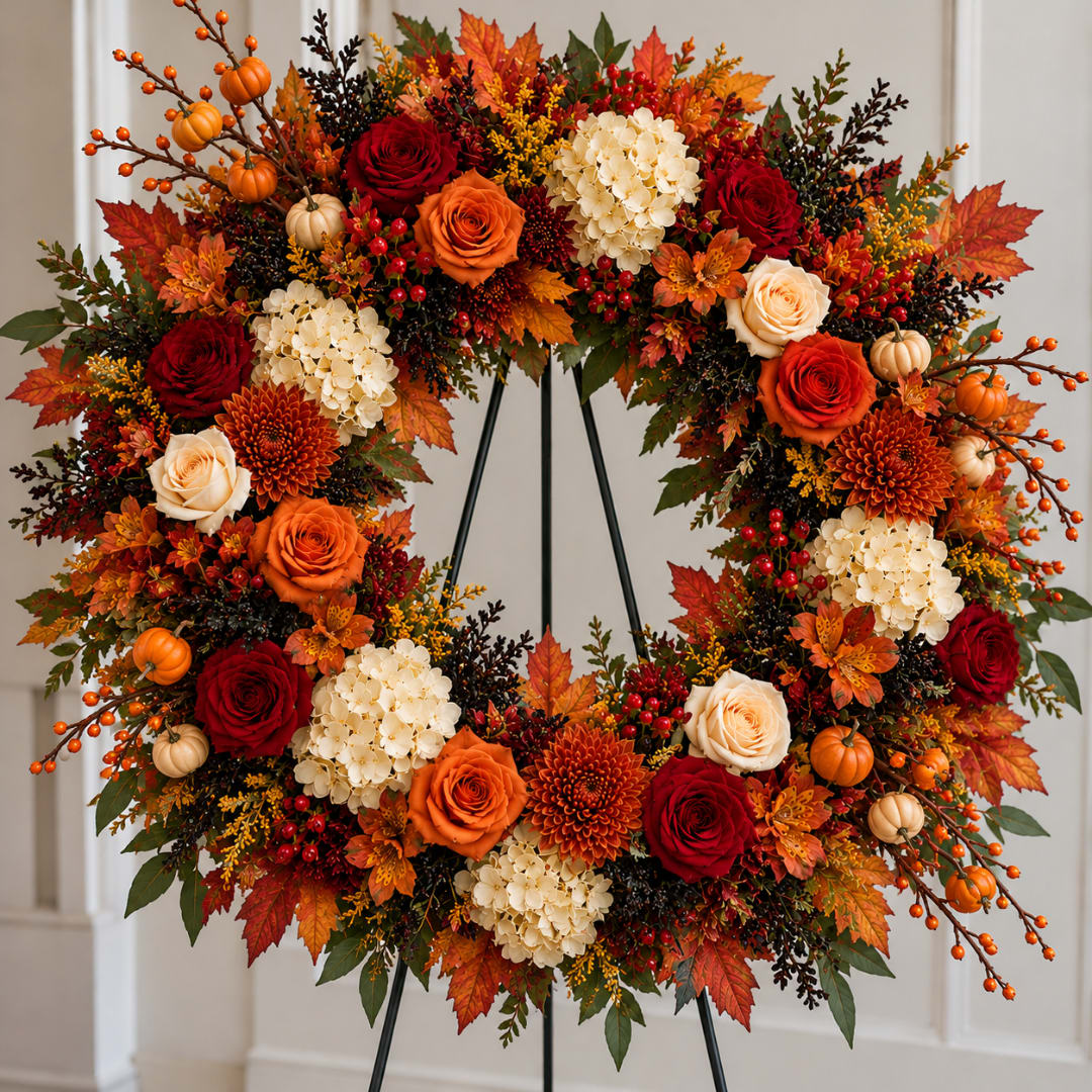 Autumn wreath with roses, hydrangeas, and pumpkins on a stand