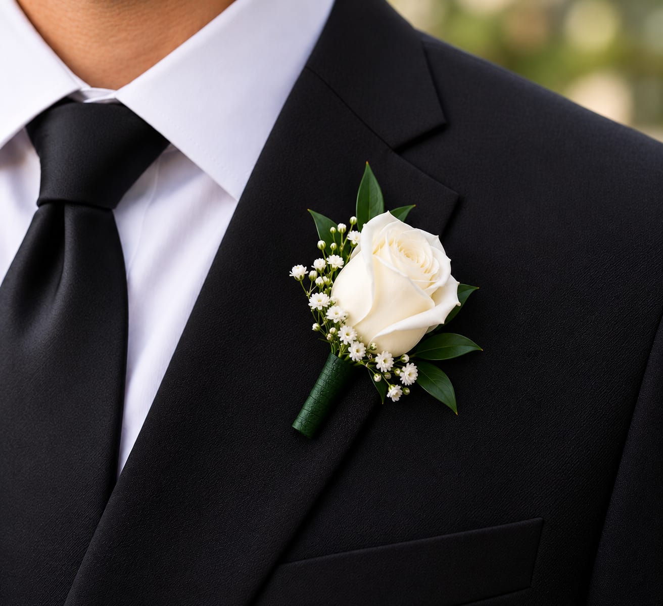 White rose boutonniere pinned to a black suit jacket