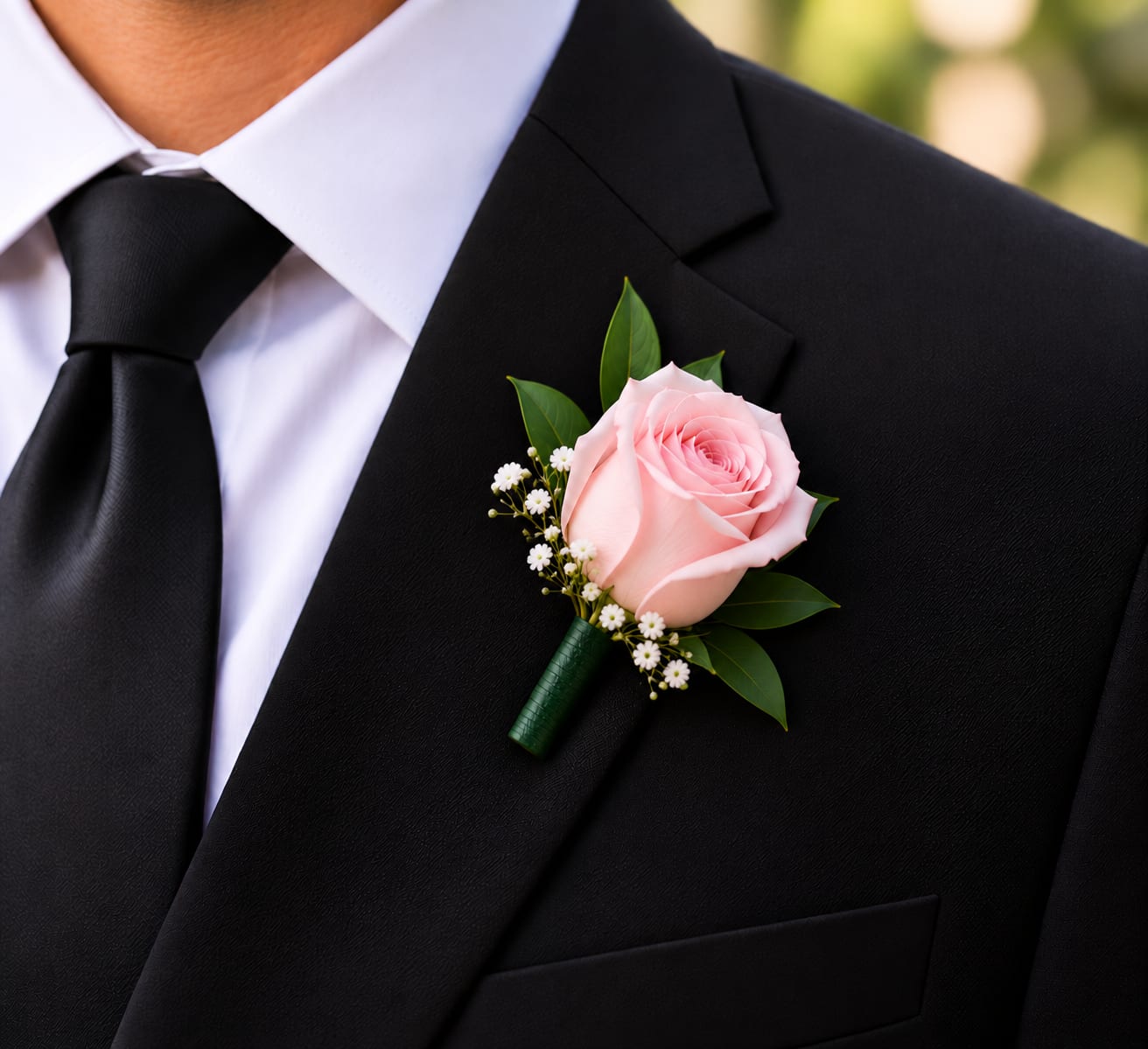 Pink rose boutonniere pinned to a black suit jacket
