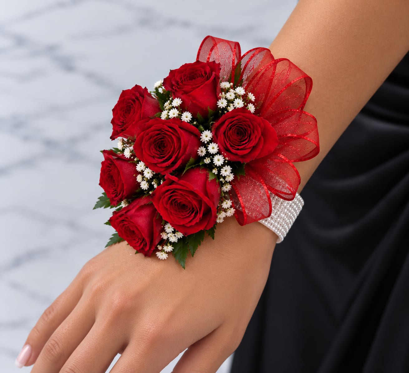 Red rose wrist corsage with small white filler flowers and a red ribbon