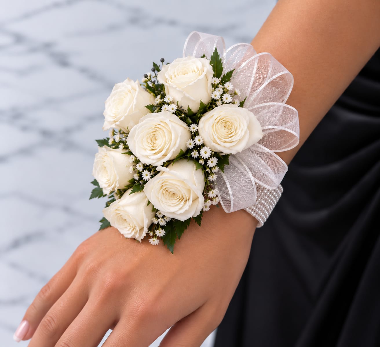 White rose wrist corsage with a sheer ribbon bow