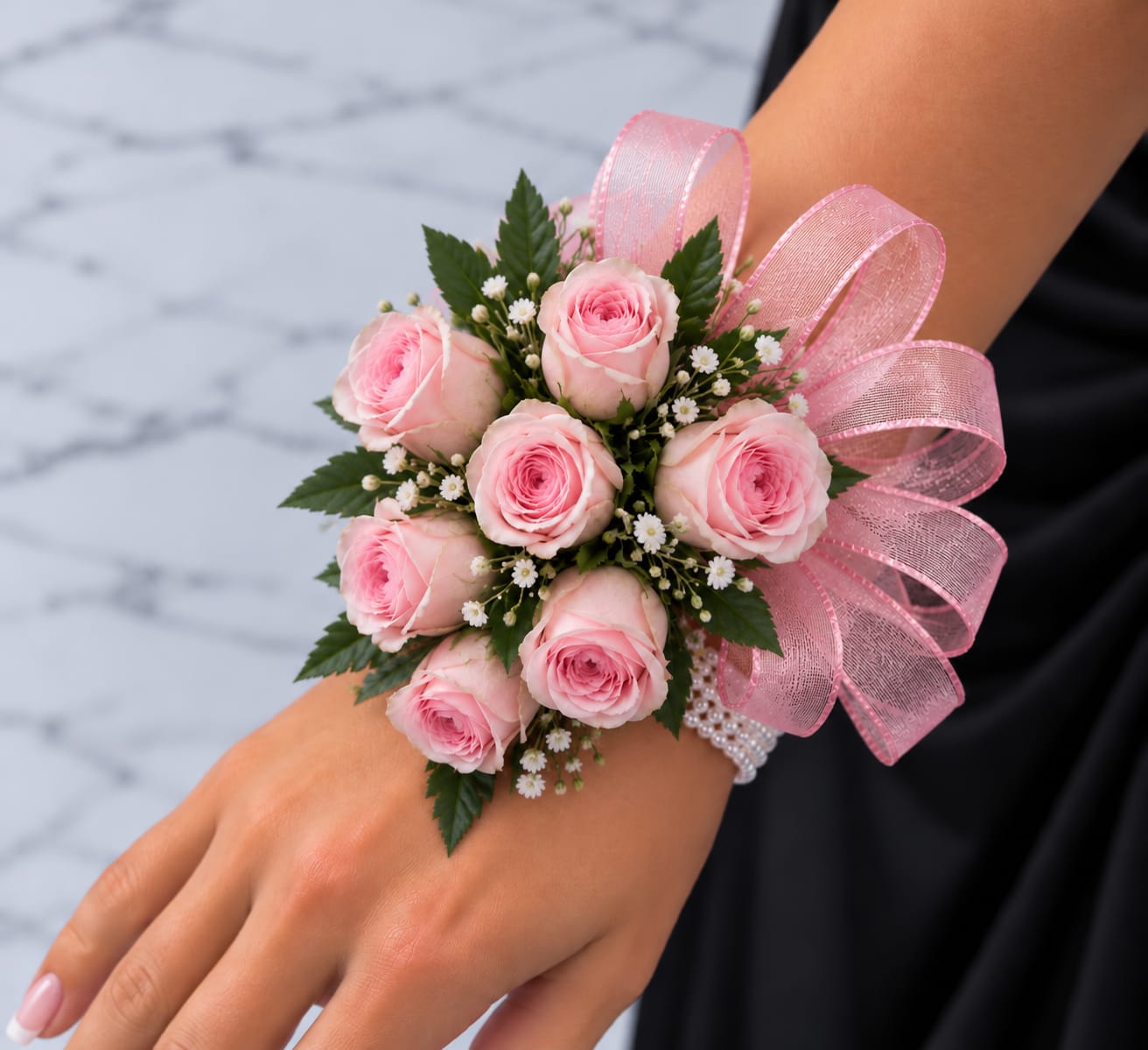 Pink rose wrist corsage with ribbon and pearl bracelet