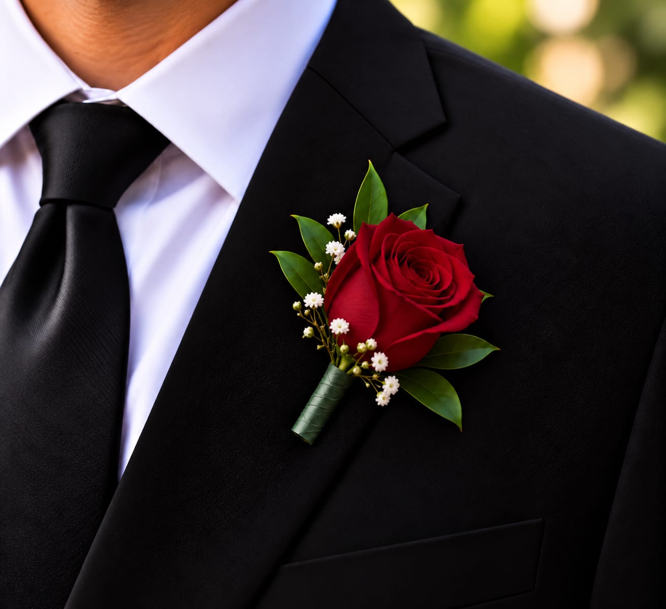 Red rose boutonniere pinned to a black suit jacket