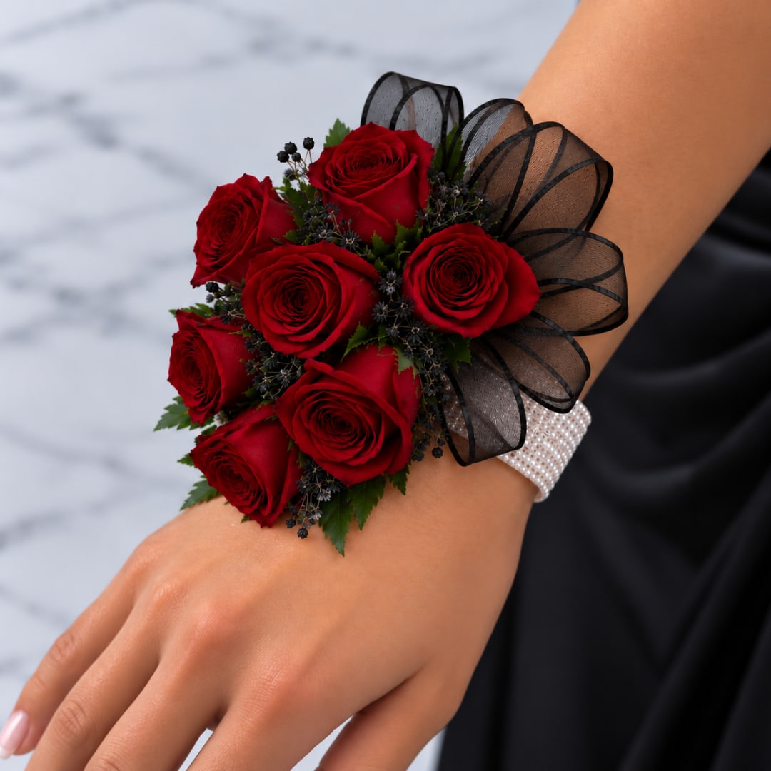 Red rose wrist corsage with black ribbon and pearl bracelet