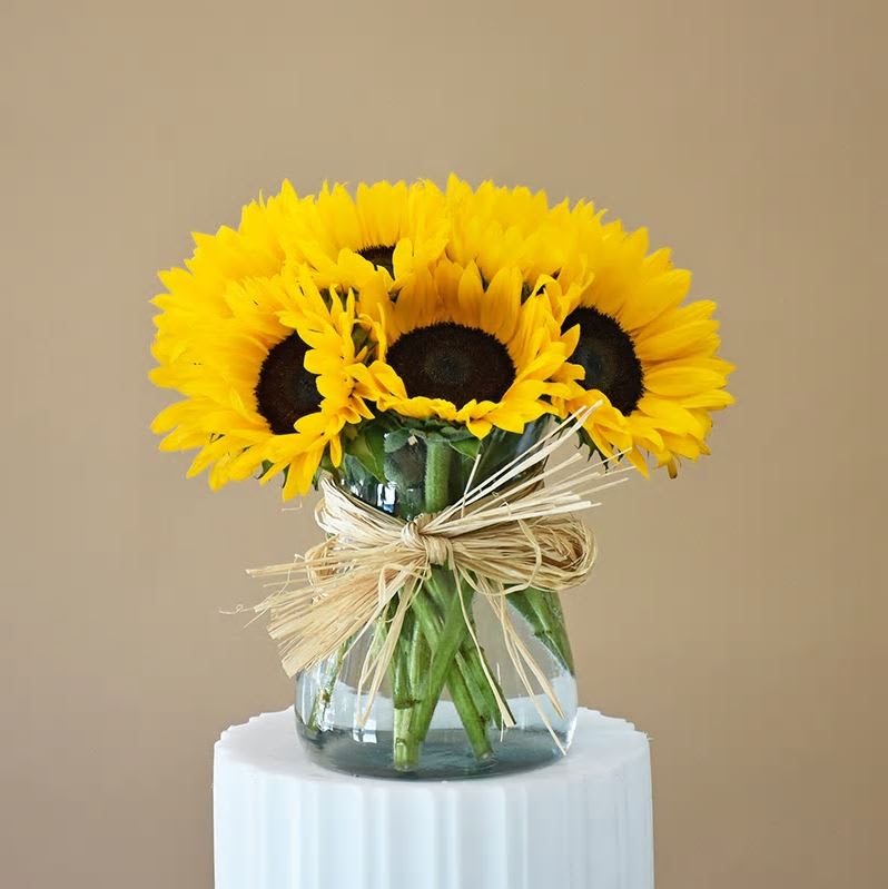 Sunflowers arranged in a clear glass vase with a raffia bow