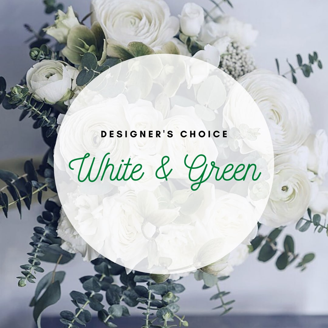 White floral bouquet with green eucalyptus and ranunculus