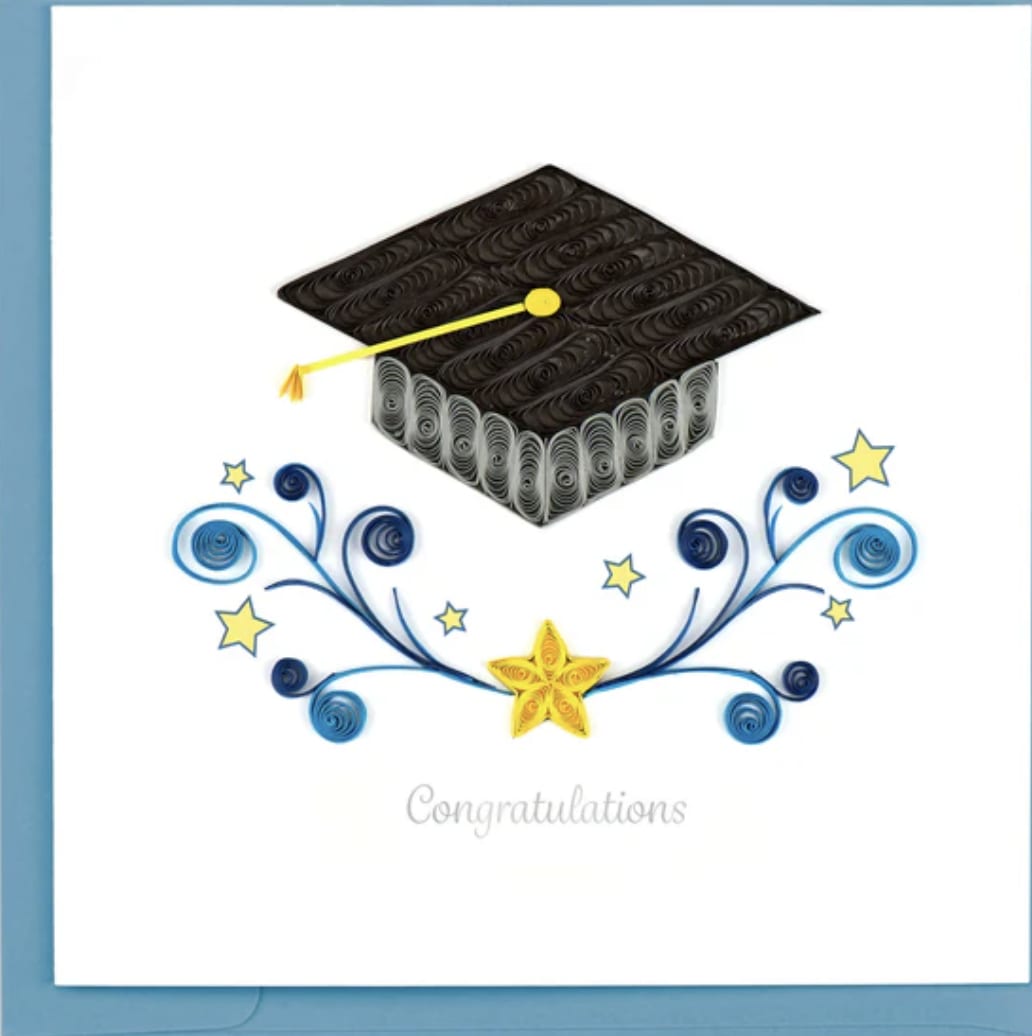 Graduation card with a mortarboard and decorative swirls