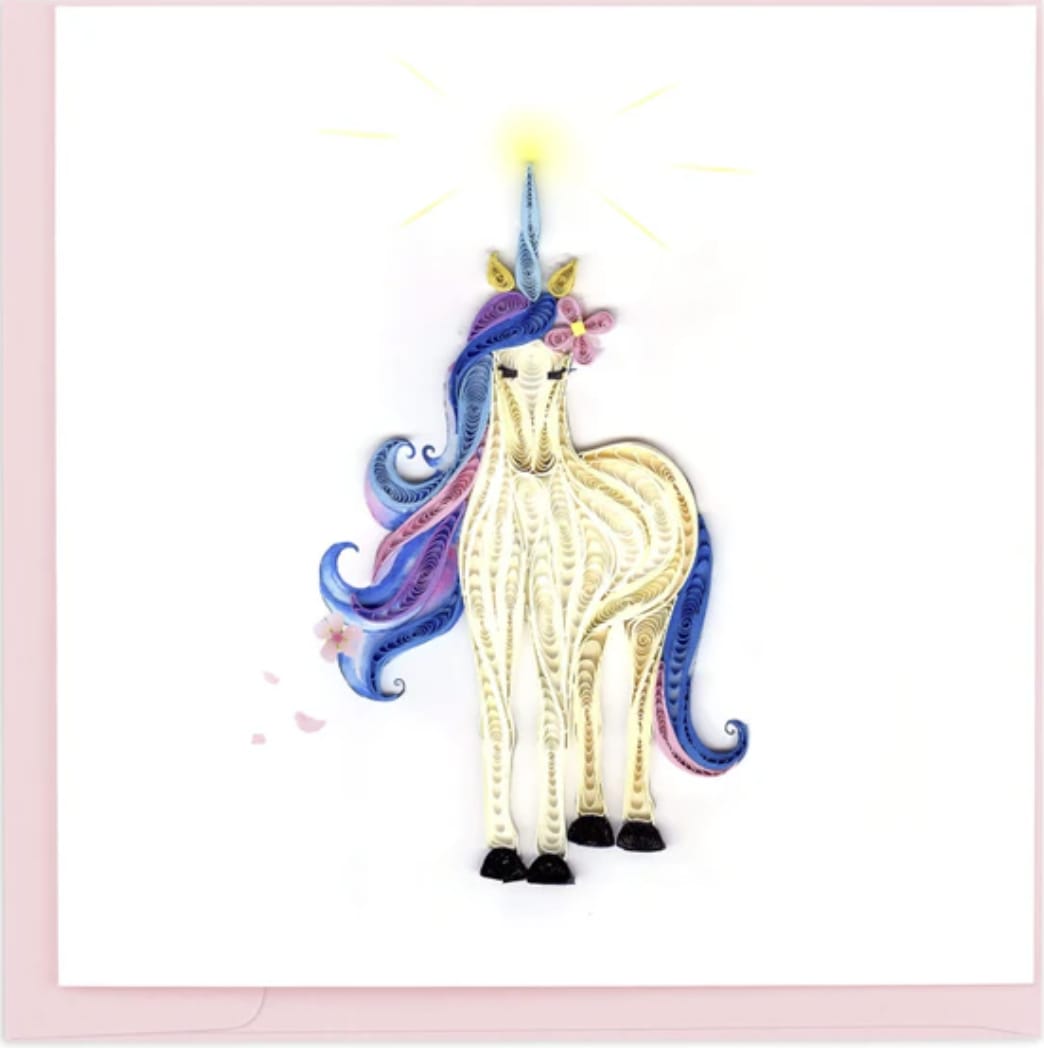Quilled unicorn illustration on a white card with pink border