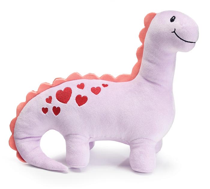 Pink dinosaur plush toy with red heart accents