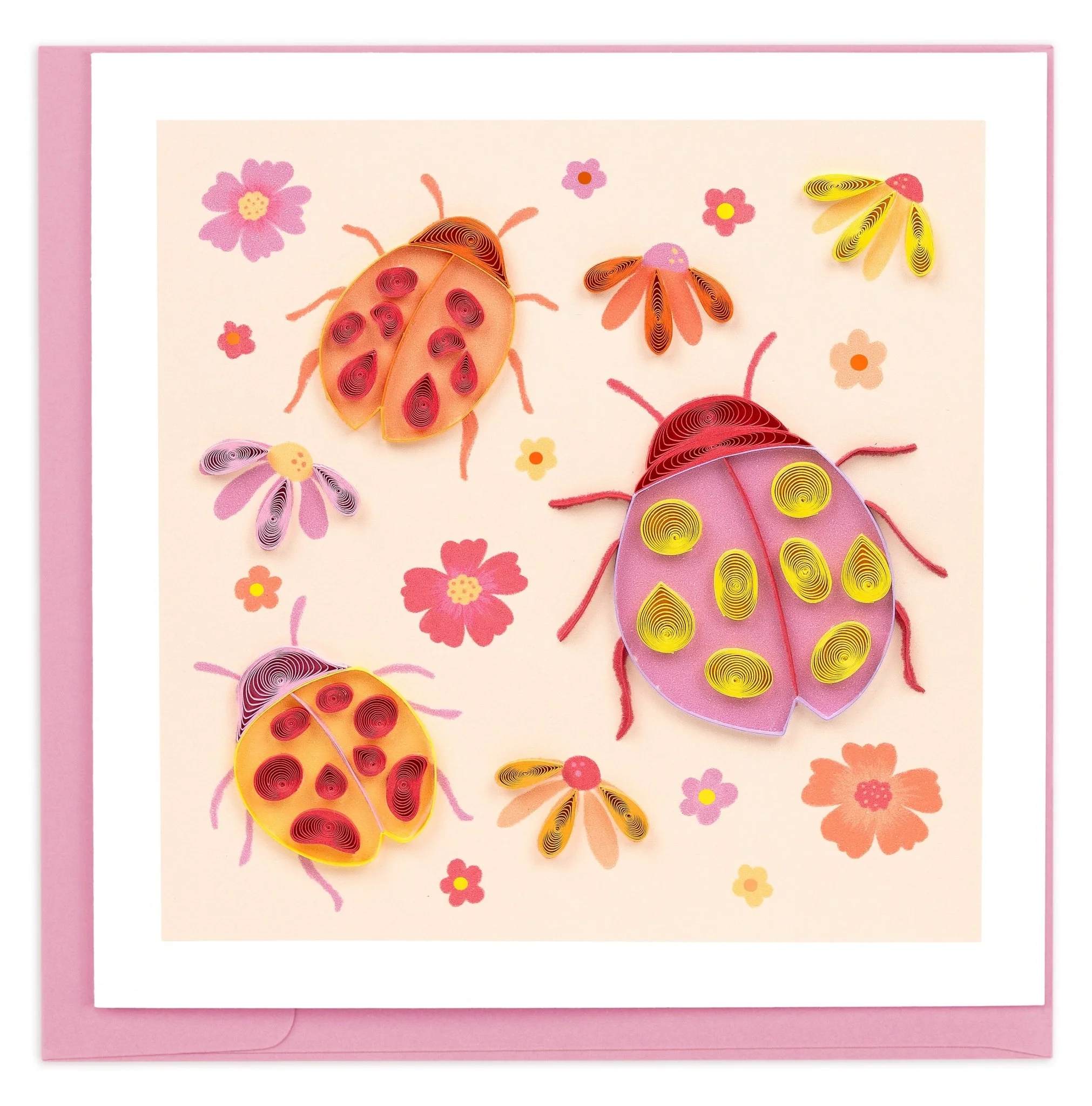 Pink greeting card with colorful paper ladybugs and flowers