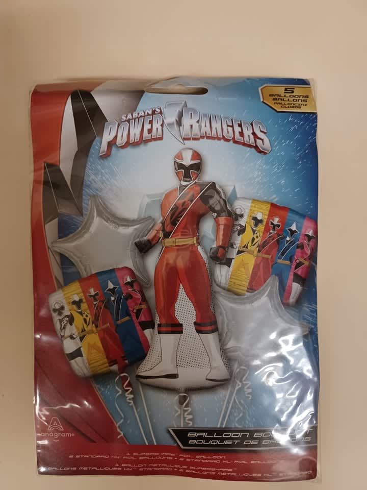 Power Rangers balloon bouquet package with red, blue, and silver balloons
