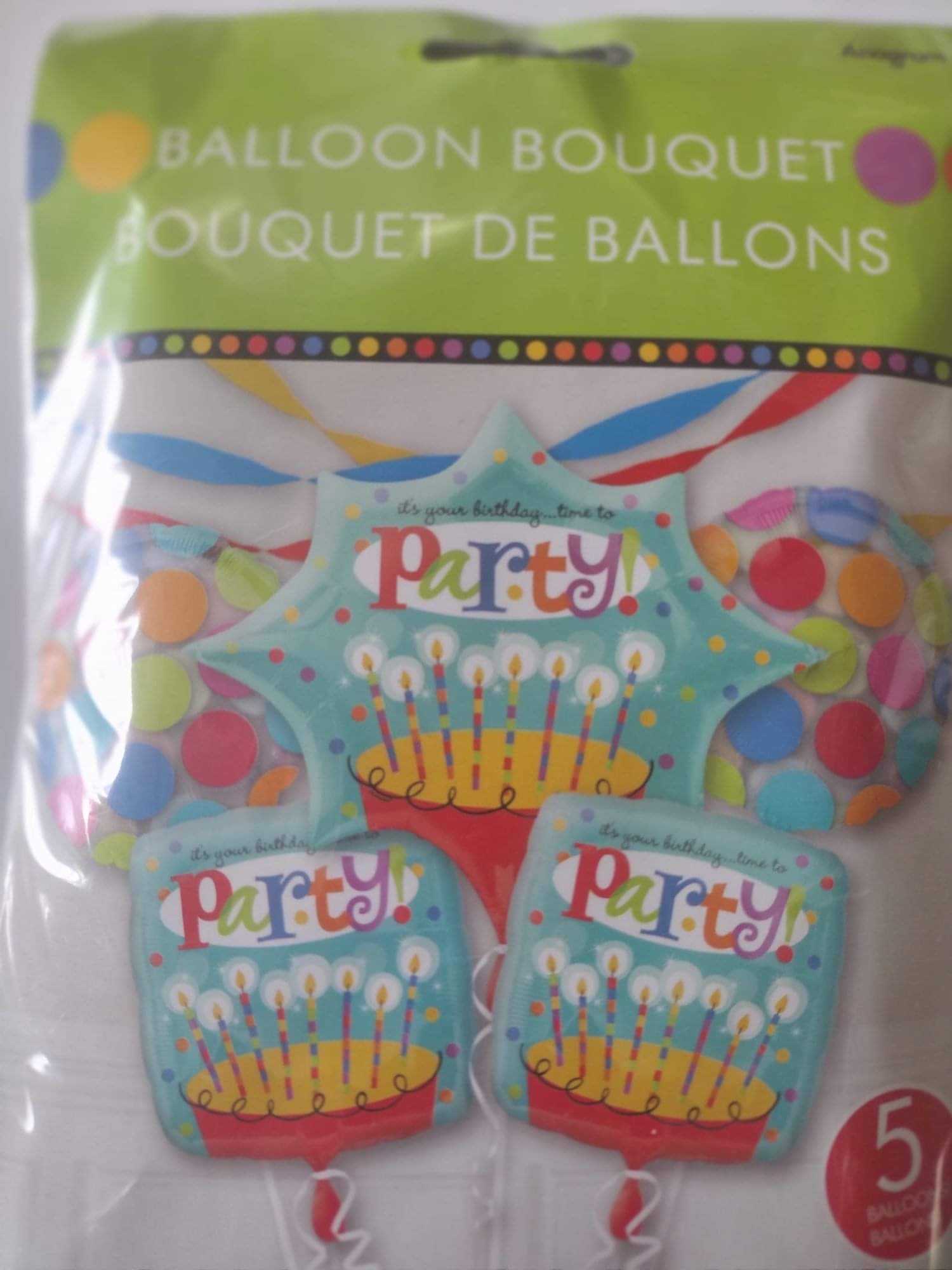 Package of birthday balloon bouquet with party-themed balloons