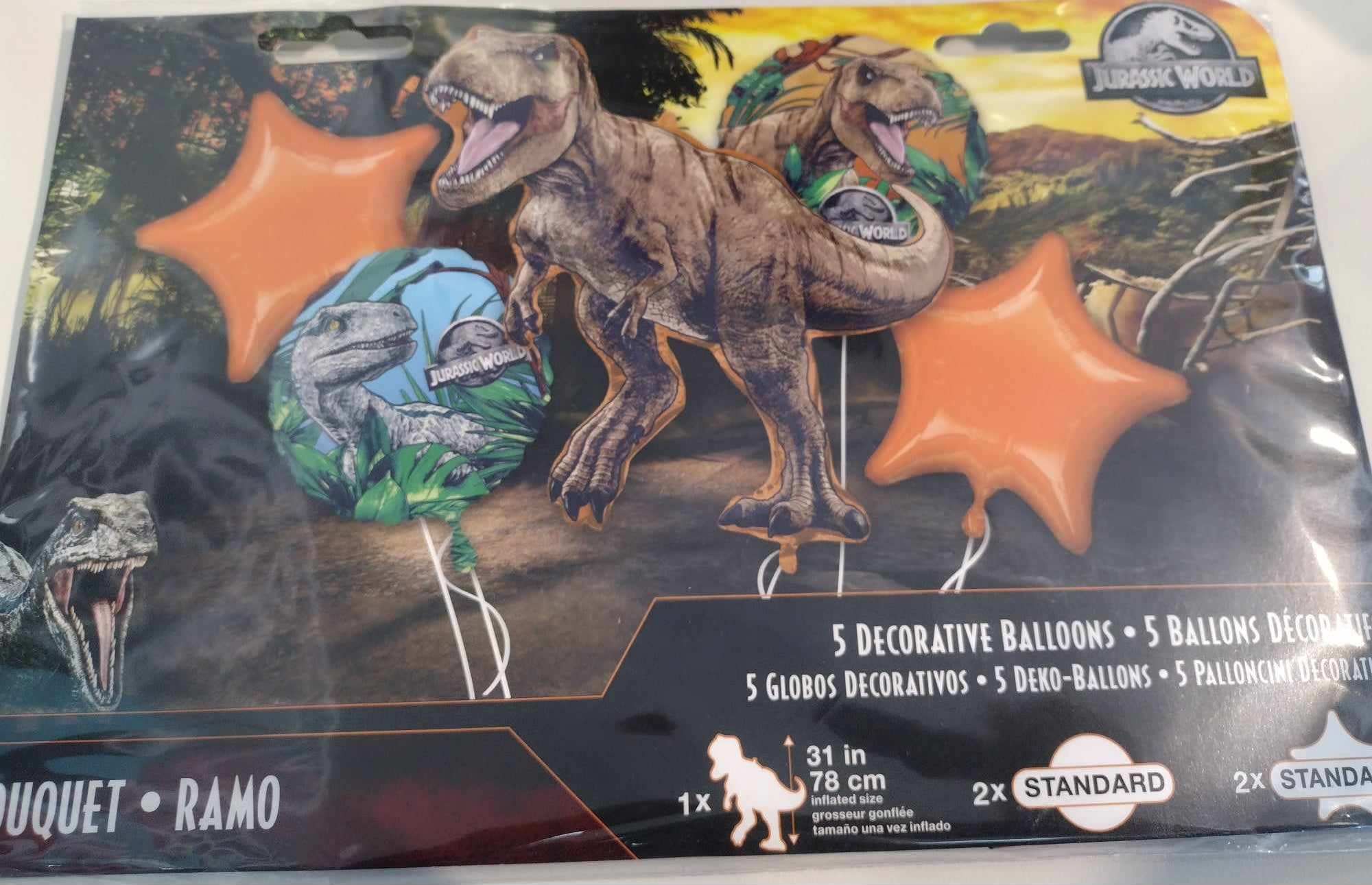Jurassic World dinosaur decorative balloons in orange and printed designs
