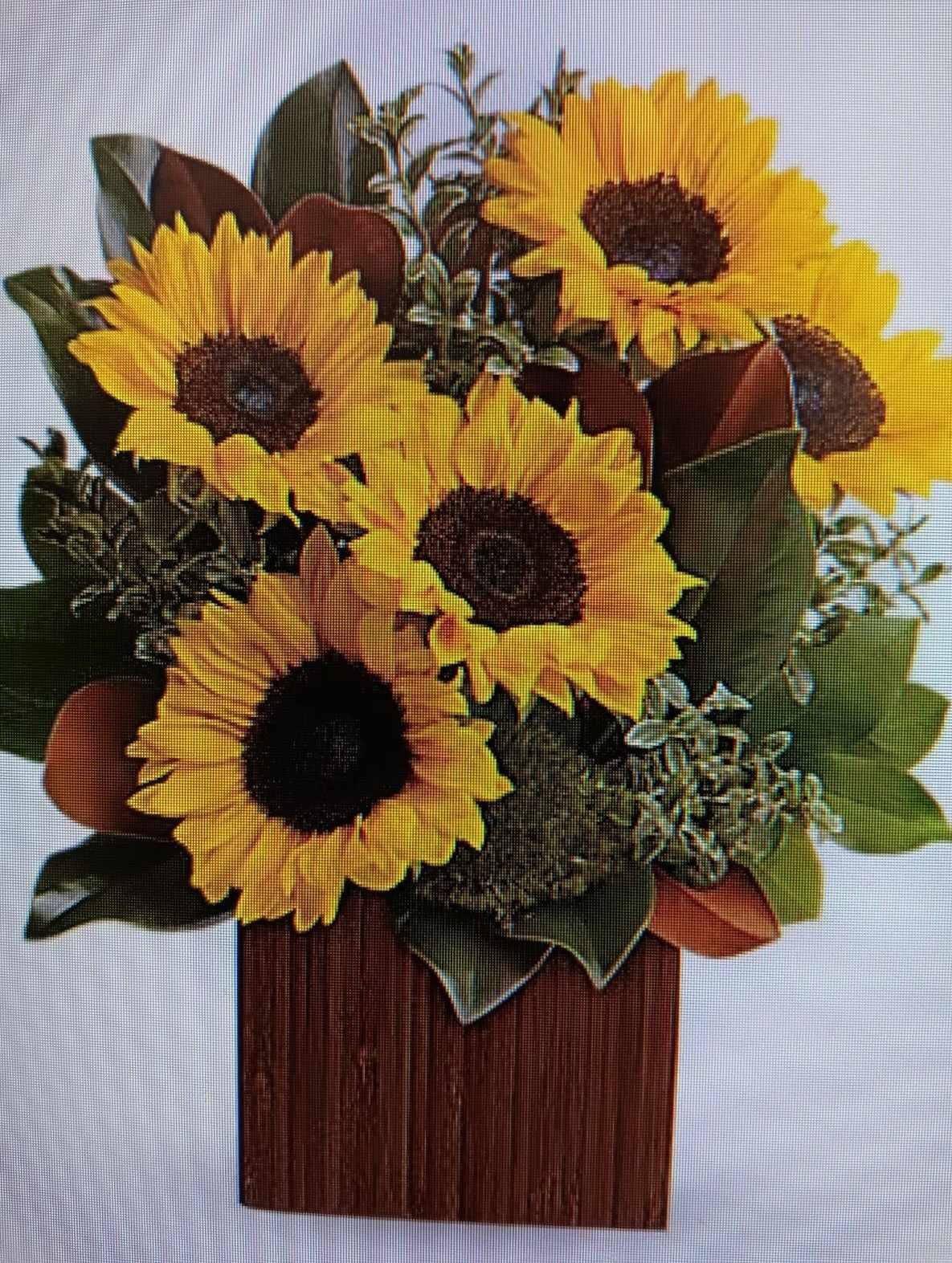 Sunflower arrangement in a rectangular wooden container