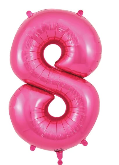 Pink number 8 foil balloon on a white background