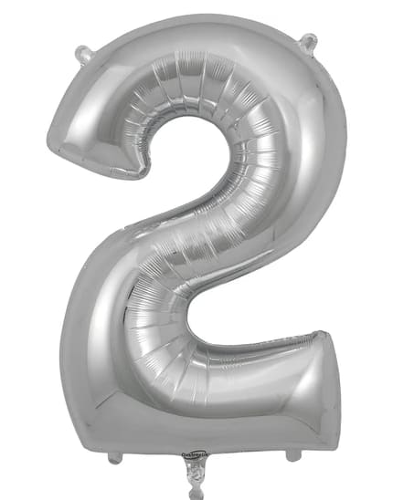 Silver foil balloon shaped like the number 2