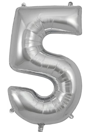 Silver foil balloon shaped like the number 5